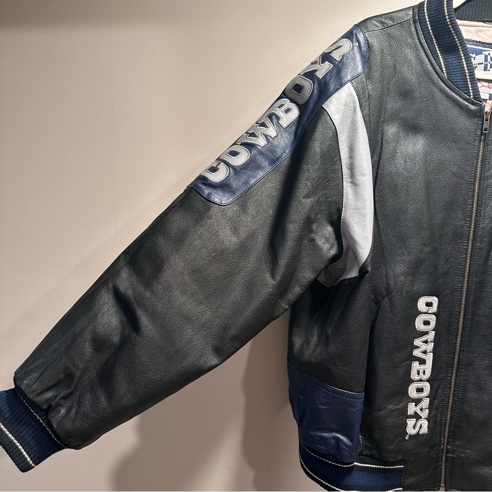 Vintage Carl Banks Dallas Cowboys Black Silver Blue Leather Bomber Jacket XL - Picture 4 of 16